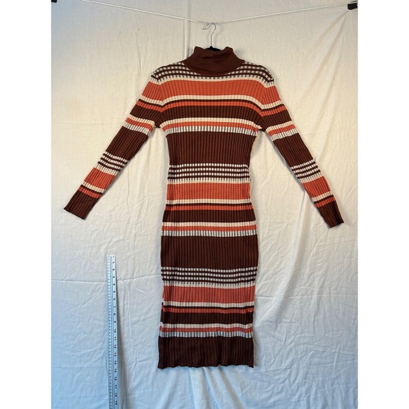 Fashion Nova Dresses & Skirts - Fashion Nova Brown Orange Striped Ribbed Turtleneck Bodycon Midi Dress 1X #2260